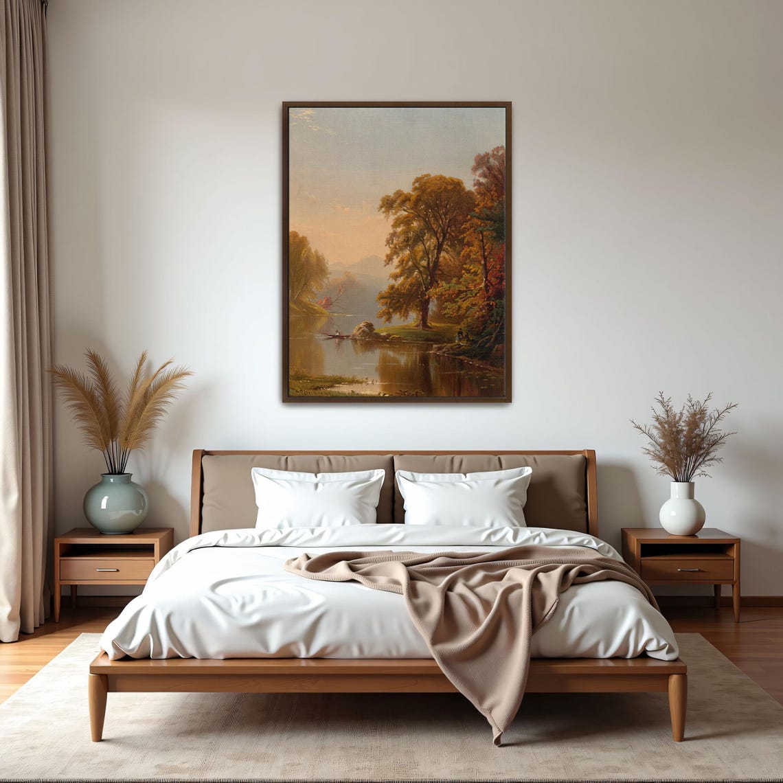 Autumn River Scene With Boat and Golden Trees Vintage Poster