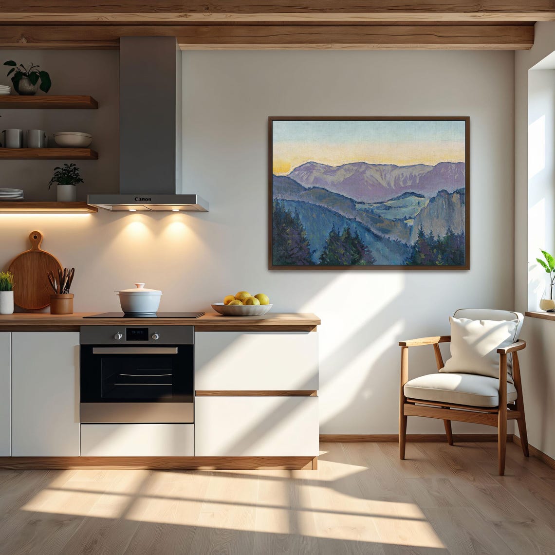 Framed Print Of Mountain Landscape At Sunset Mountain Fine Art Print Purple And Blue Living Room Decor Rustic Oil Painting - Image 6