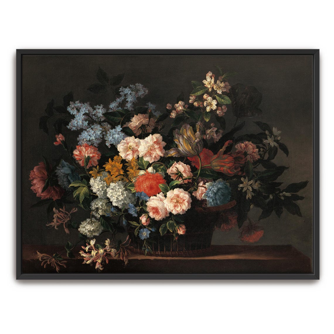 Dutch Master Style Basket Of Mixed Flowers On Dark Ground Poster