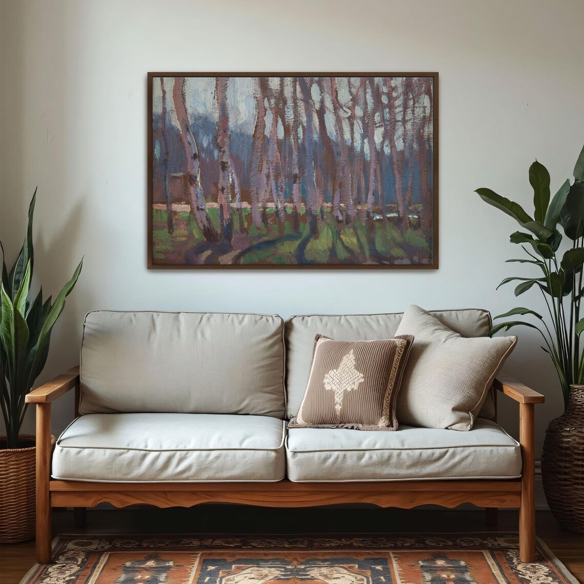 Large Framed Print Of Impressionistic Painting Of A Birch Grove Landscape Wall Art Green And Brown Entryway Artwork Boho Art - Image 2