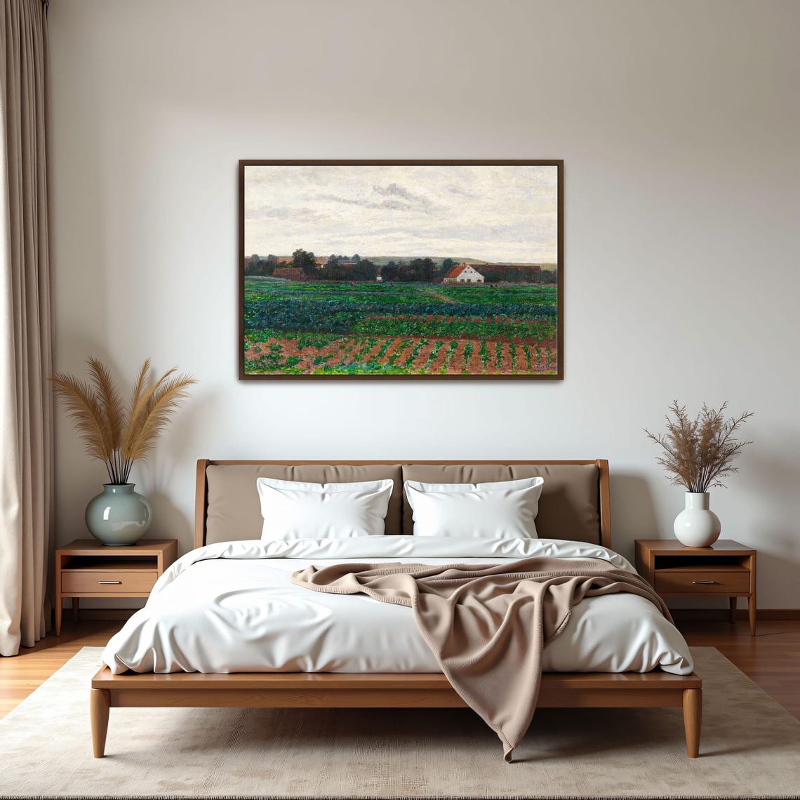 Framed Wall Art Of Farmhouse In A Field With Cloudy Sky Landscape Wall Art Green And Brown Entryway Art Rustic Oil Painting - Image 5