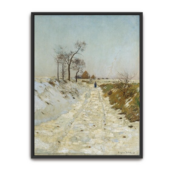 Large Framed Print Of Snowy Path With Trees And Hay Bales Landscape Fine Art Print White And Gray Bedroom Art Print