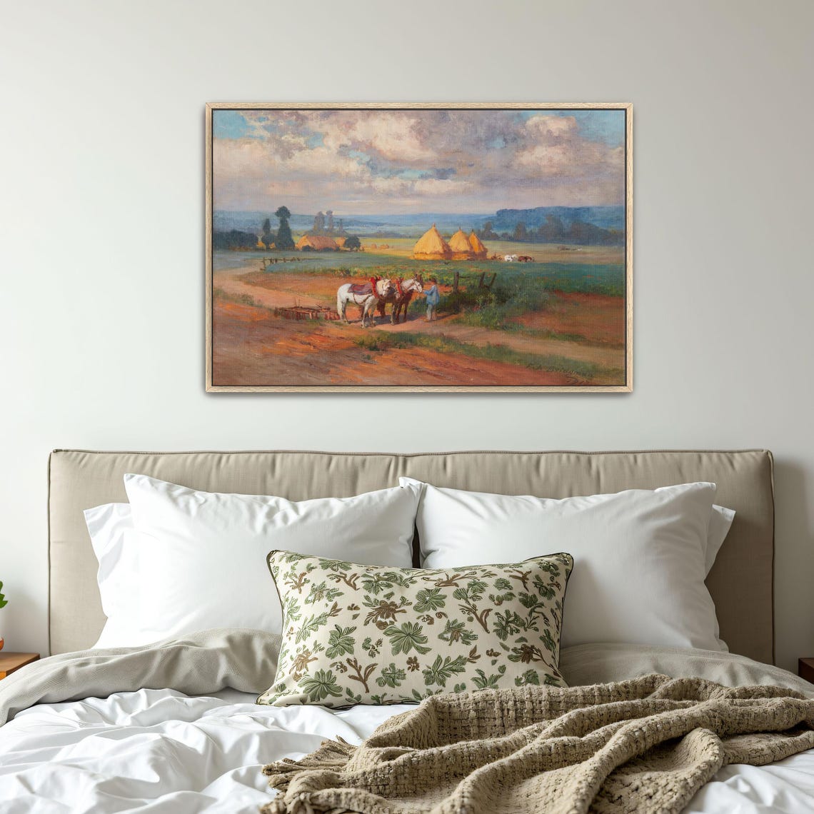 Harvest Scene With Horses and Haystacks Vintage Oil Art Print - Image 4