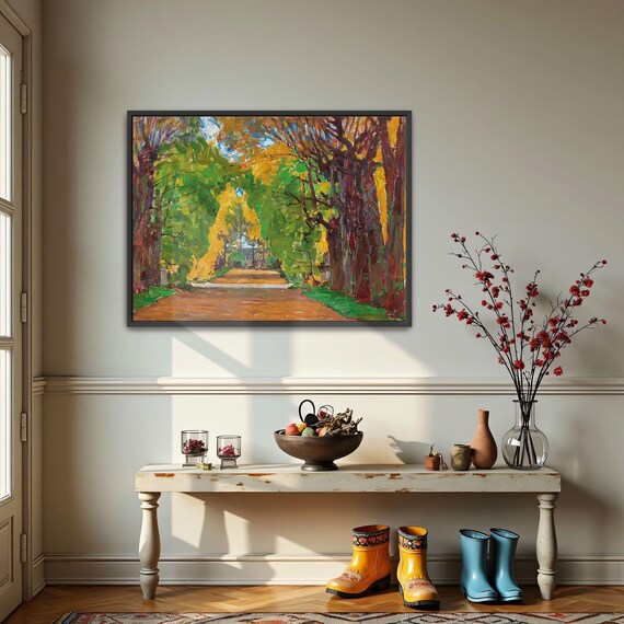 Framed Wall Art Of Autumnal Tree Lined Path Landscape Wall Art Green And Brown Living Room Artwork Rustic Oil Painting