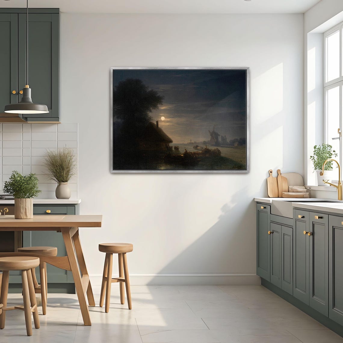 Moonlit River with Windmill Dark Night Landscape Scene Poster - Image 3