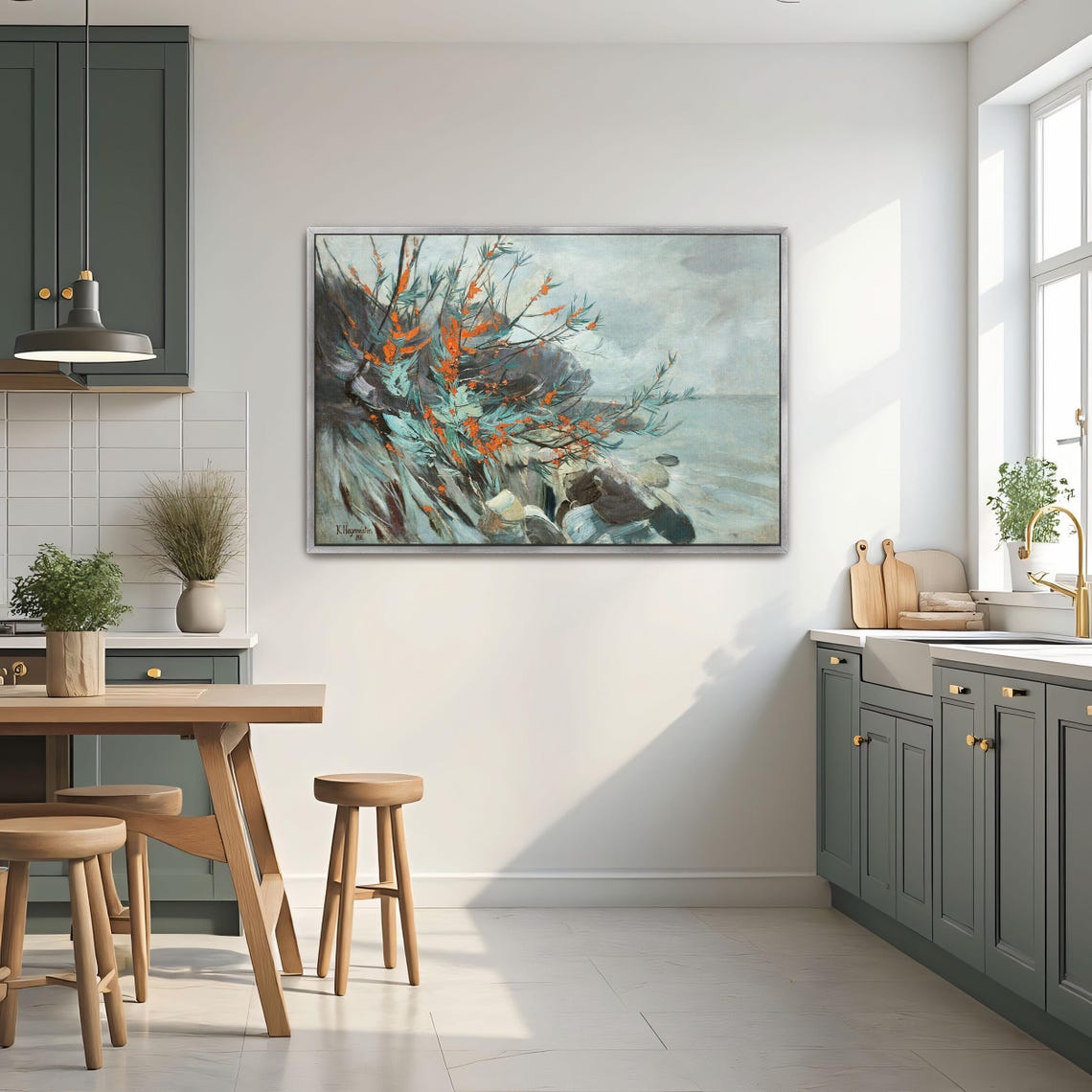 Rocky Seacoast with Bright Orange Berry Bushes Coastal Art Poster - Image 3