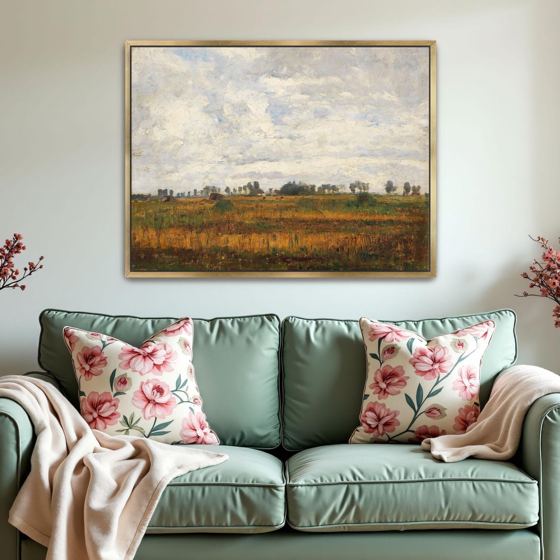 Framed Print Of Rural Landscape With Cloudy Sky Landscape Wall Art White And Blue Bedroom Artwork Rustic Oil Painting - Image 2