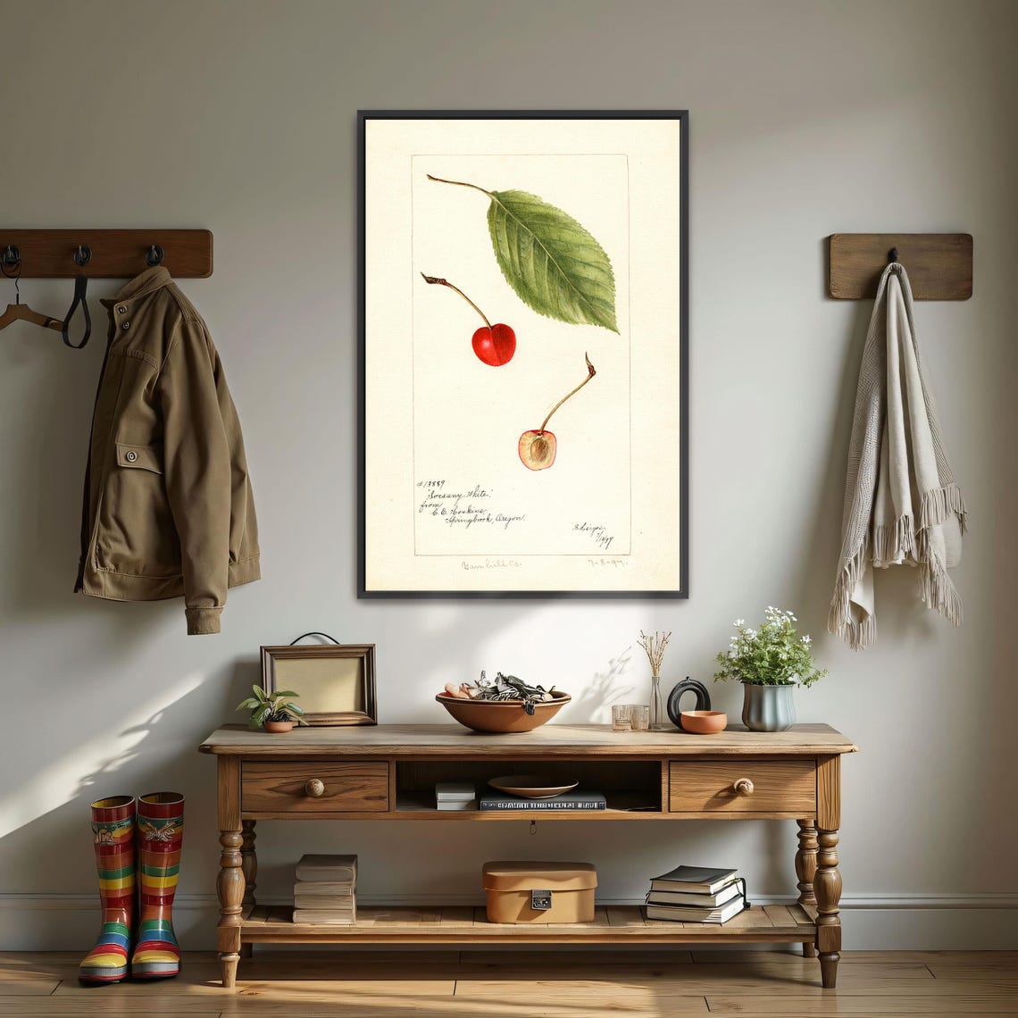 Red Cherry With Green Leaf Whole And Halved Botanical Study Art Poster