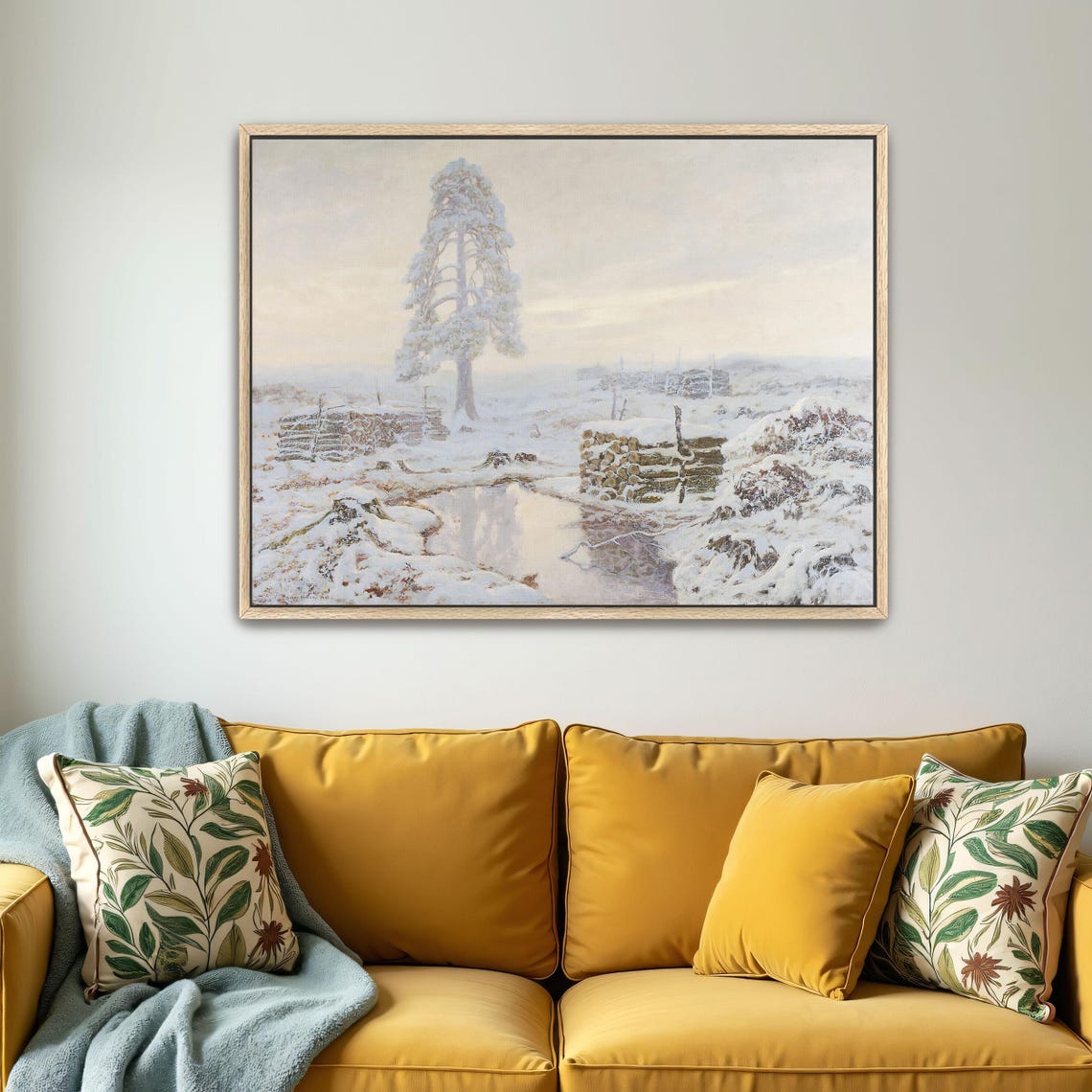 Snowy Landscape with Lone Pine Tree Frozen Stream Winter Poster - Image 5