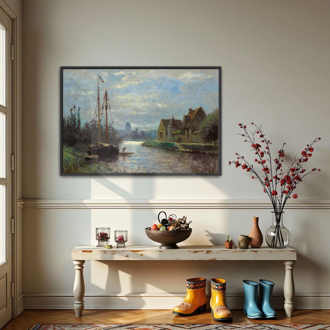 Impressionist Moored Boat on Canal Riverside Houses Evening Poster - Image 3