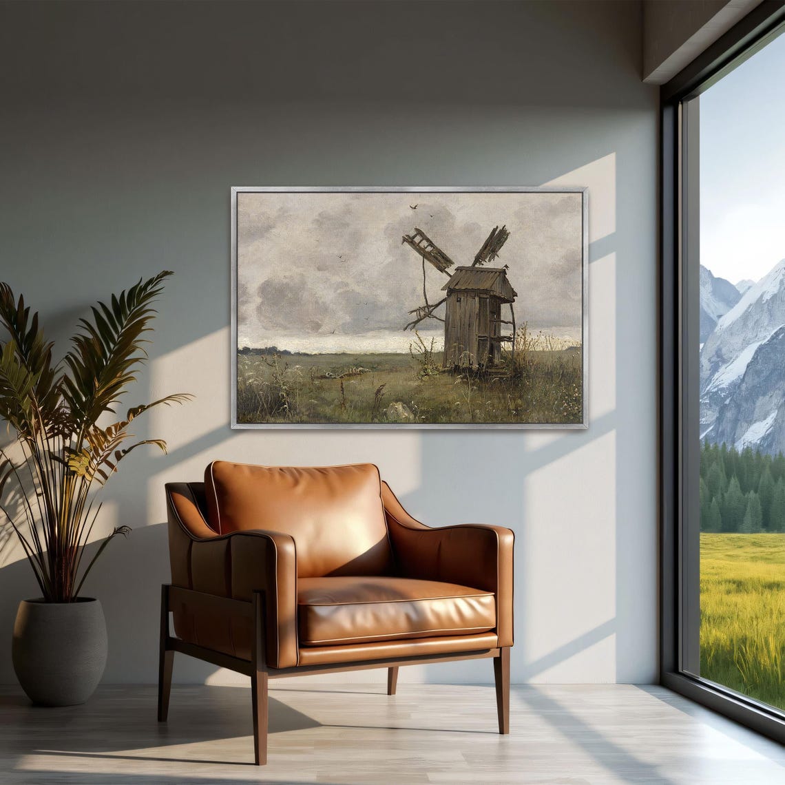 Dilapidated Windmill in Open Field Moody Rural Landscape Poster - Image 3