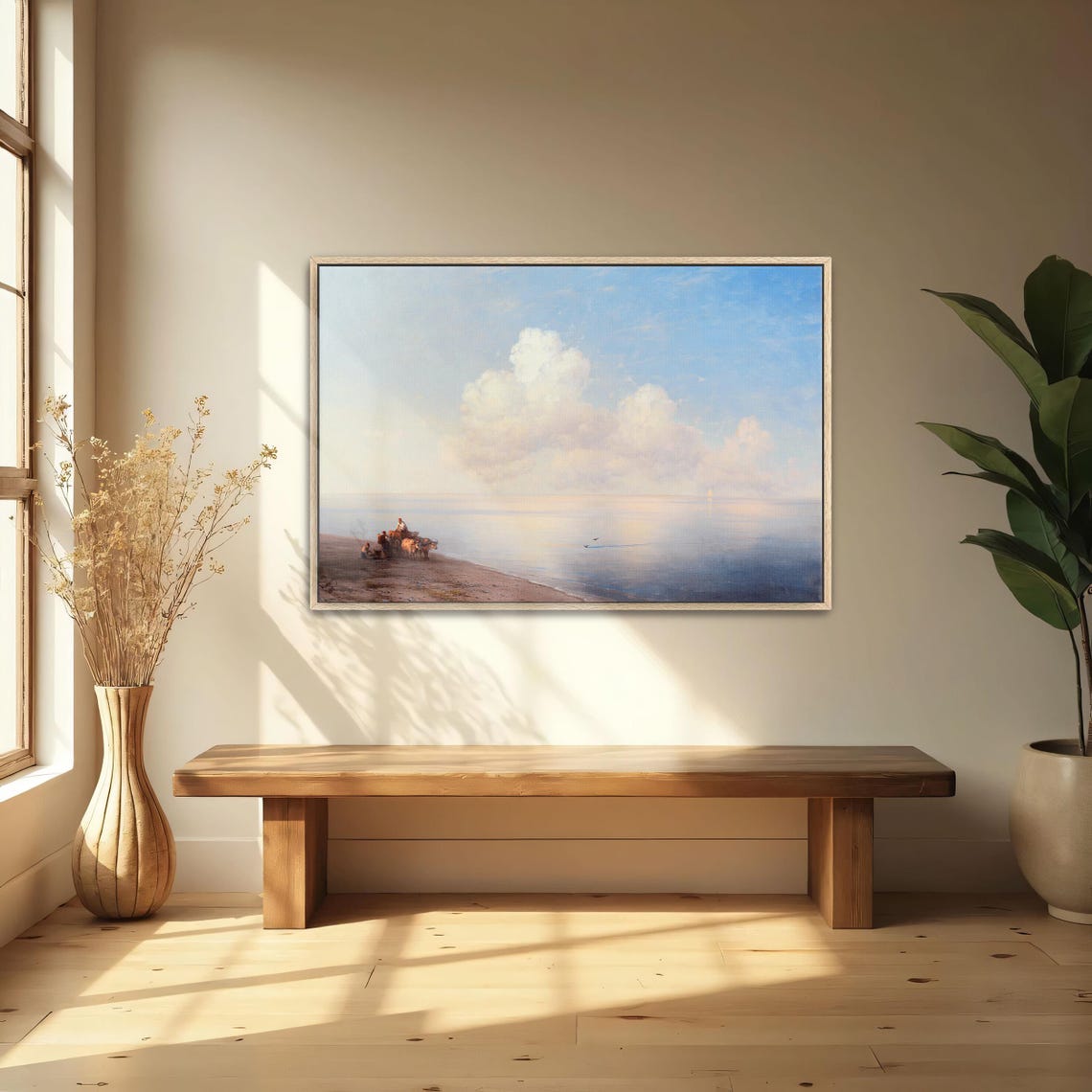 Horse Cart on the Shore under a Vast Cloudy Sky Seascape Poster