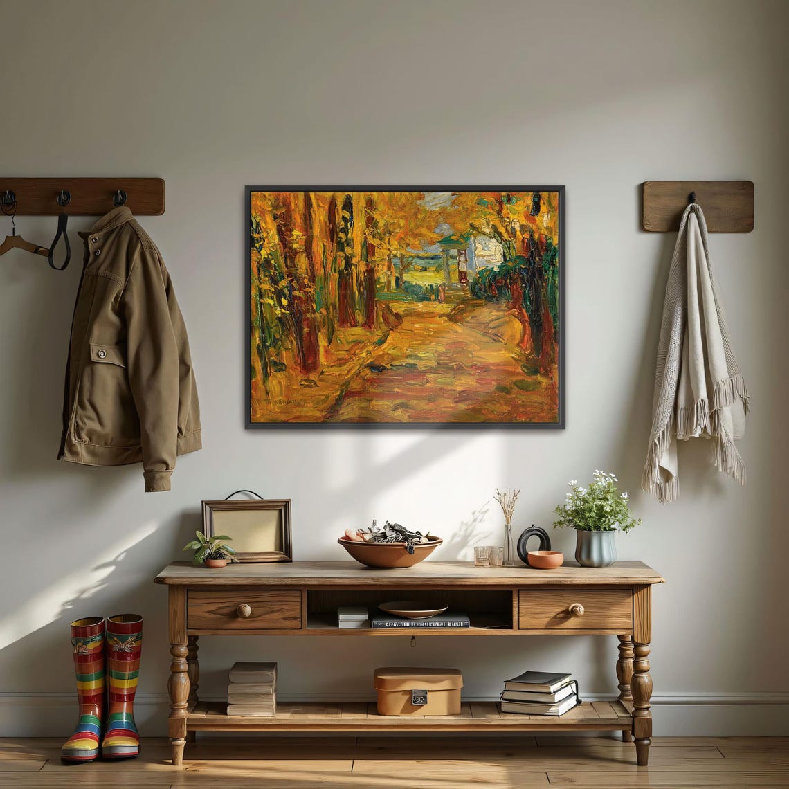 Fiery Autumn Forest Path Leading To A Distant Country House Poster - Image 3