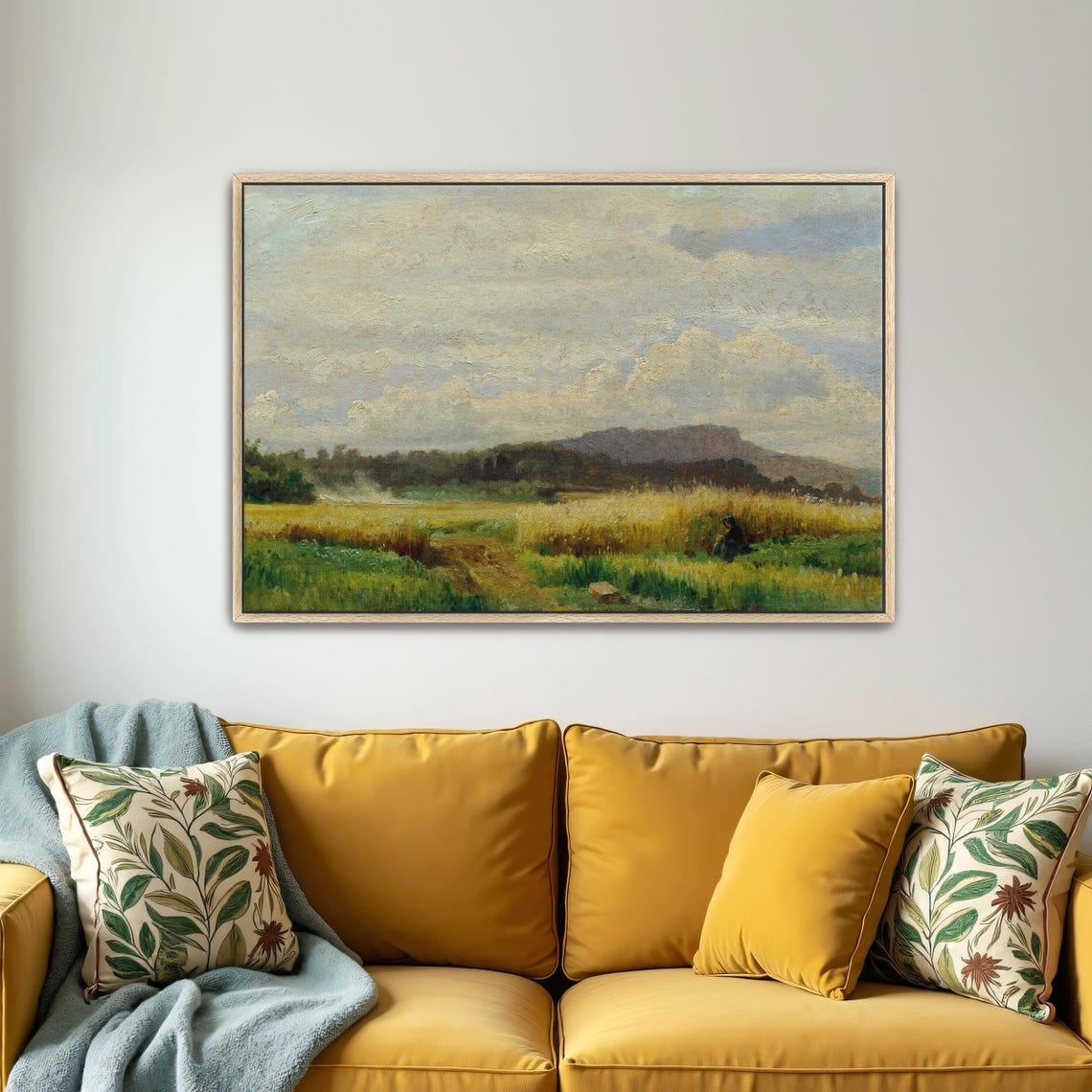 Woman in a Golden Wheat Field under Cloudy Sky Farmhouse Poster - Image 4