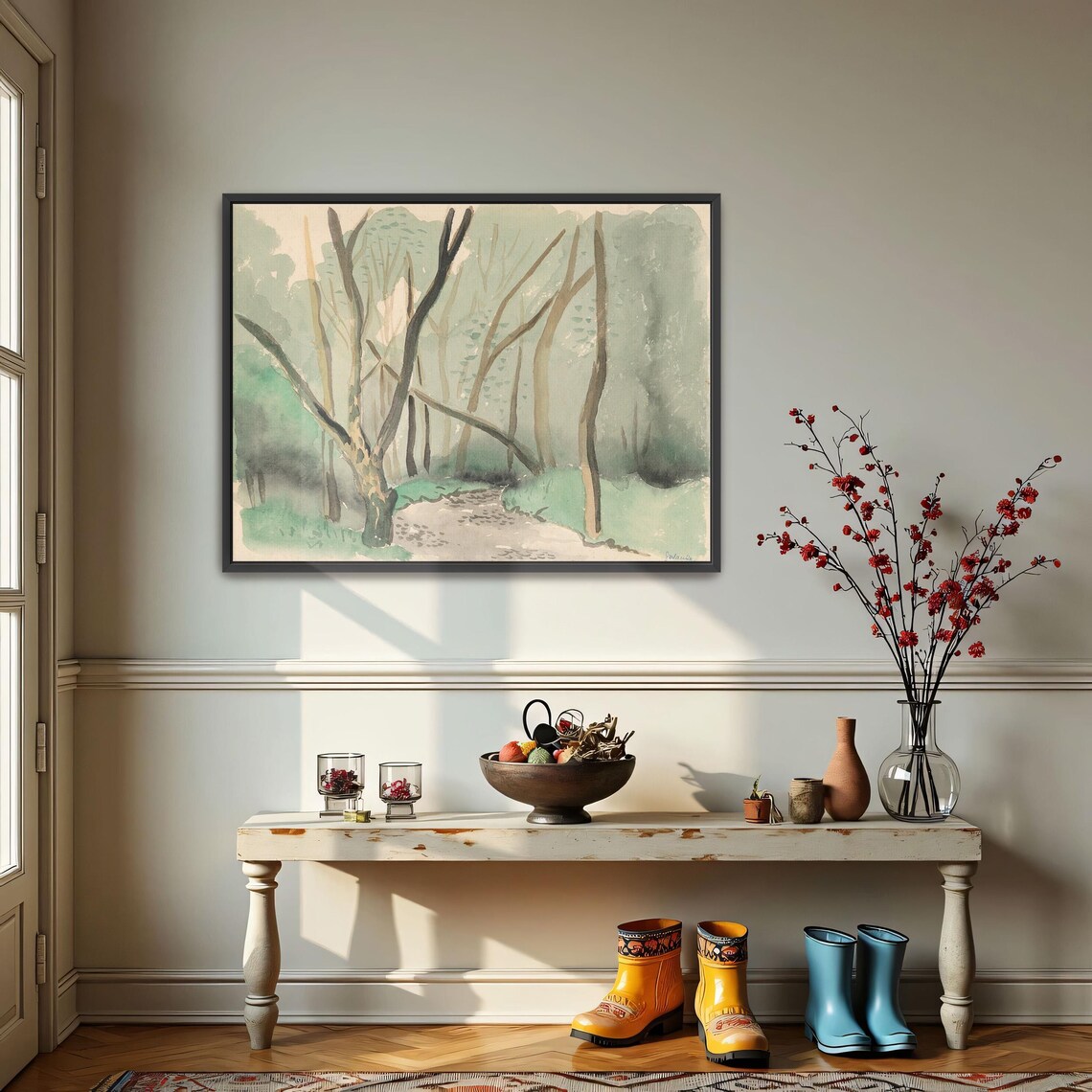 Large Framed Print Of Watercolor Painting Of A Forest Path Landscape Print Green And Brown Entryway Artwork - Image 3