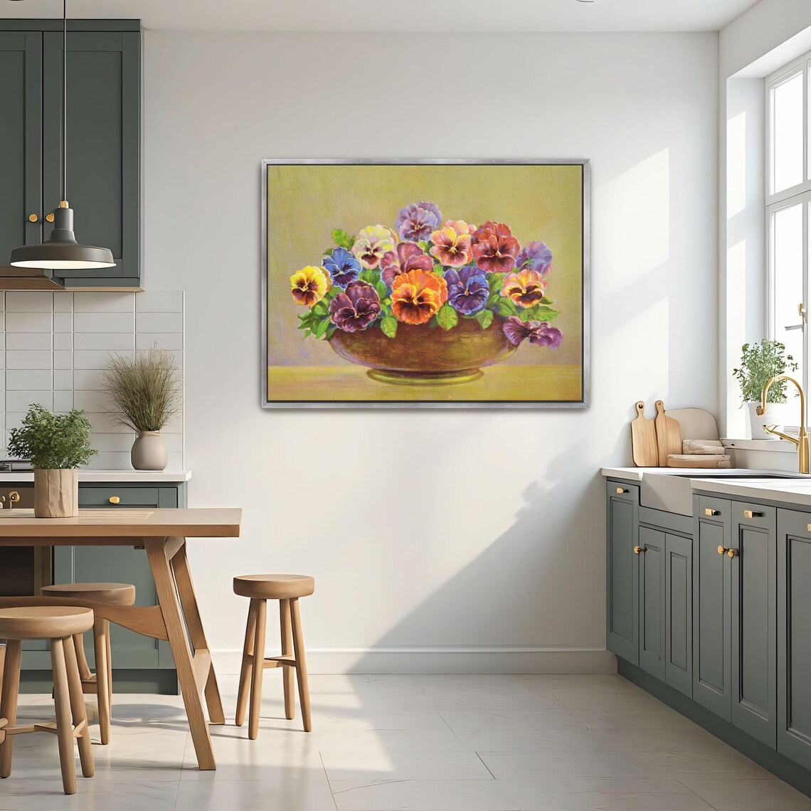 Colorful Pansies Overflowing Brown Bowl Floral Still Life Art Poster - Image 3