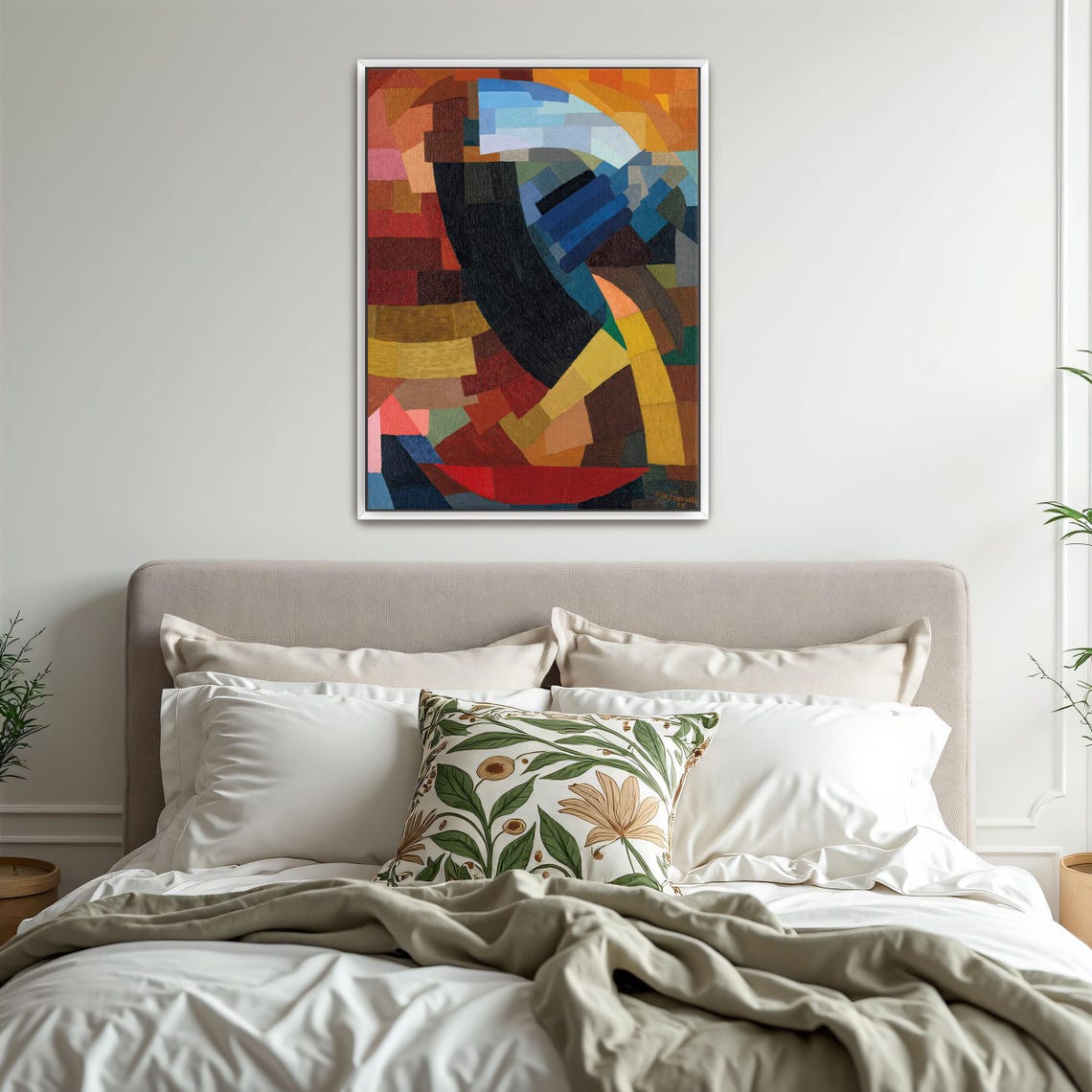 Framed Print Of Abstract Geometric Art With Curved Lines Geometric Fine Art Print Blue And Yellow Entryway Decor - Image 3