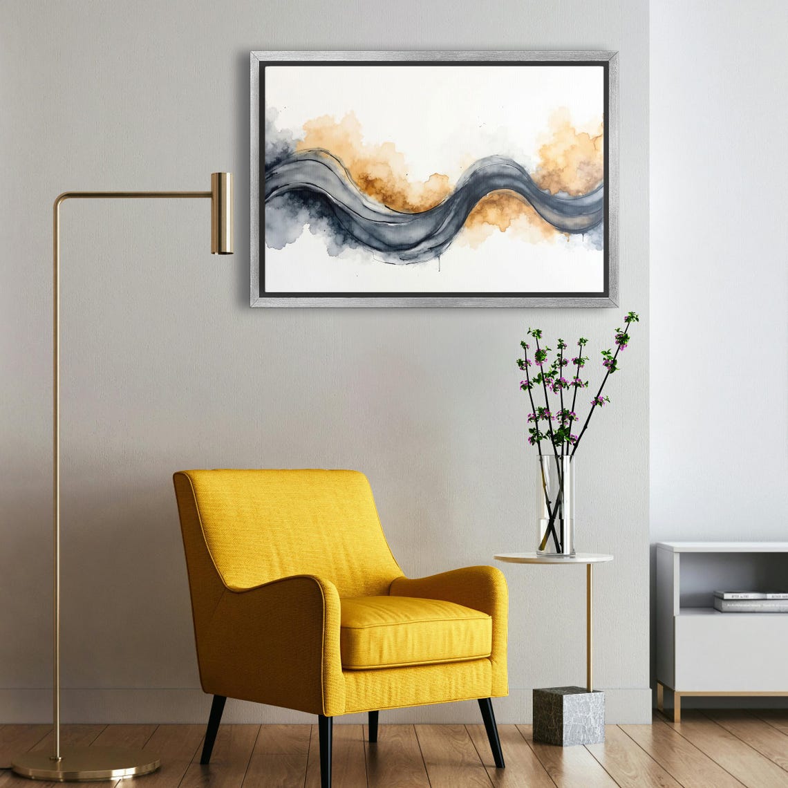 Charcoal Ribbon Wave With Warm Amber Watercolor Wash Abstract Poster - Image 5