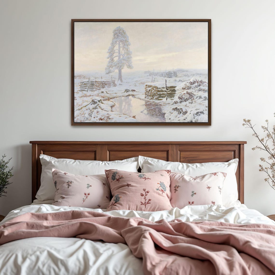 Snowy Landscape with Lone Pine Tree Frozen Stream Winter Poster - Image 6