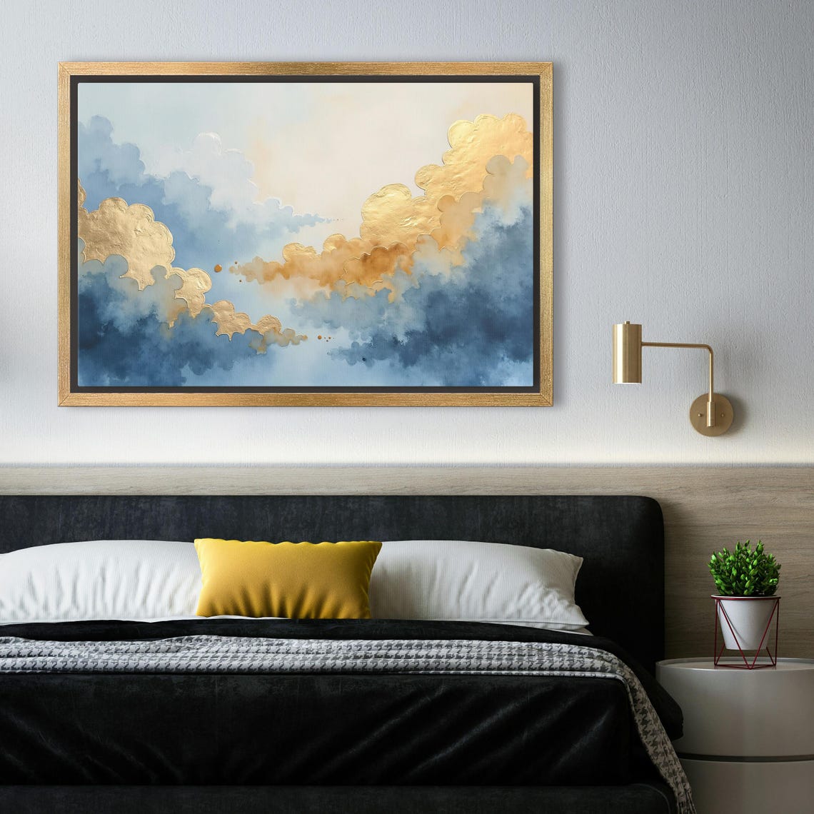 Golden Edged Blue Clouds In Gold Leaf Watercolor Abstract Art Poster - Image 4