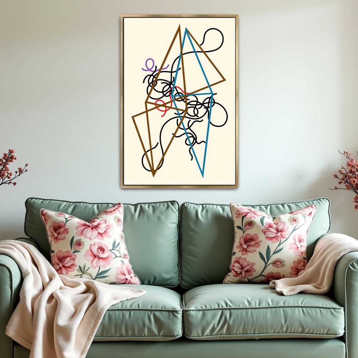 Framed Wall Art Of Abstract Art With Geometric Shapes And Lines Geometric Print Brown And Blue Living Room Art Print