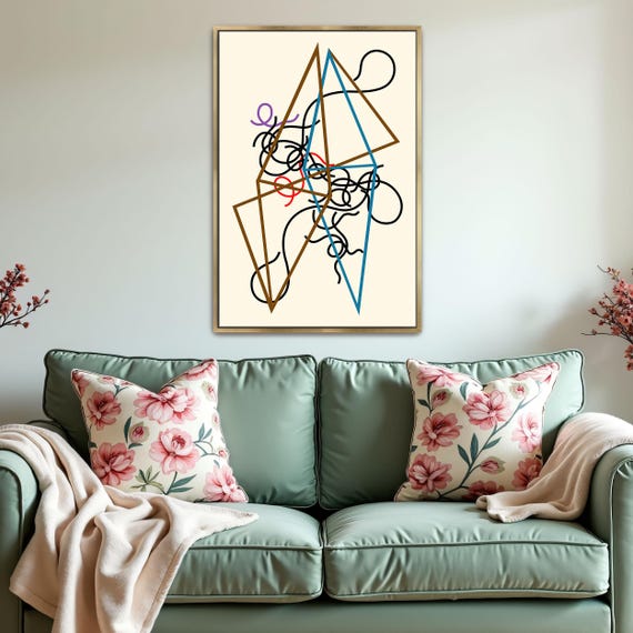 Framed Wall Art Of Abstract Art With Geometric Shapes And Lines Geometric Print Brown And Blue Living Room Art Print
