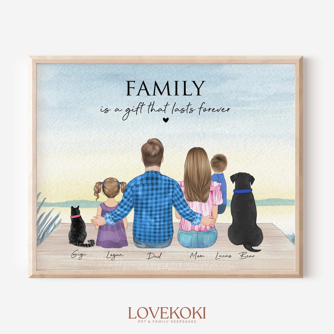 Family Sunset Dock Portrait With Kids Cat and Dog Keepsake Poster