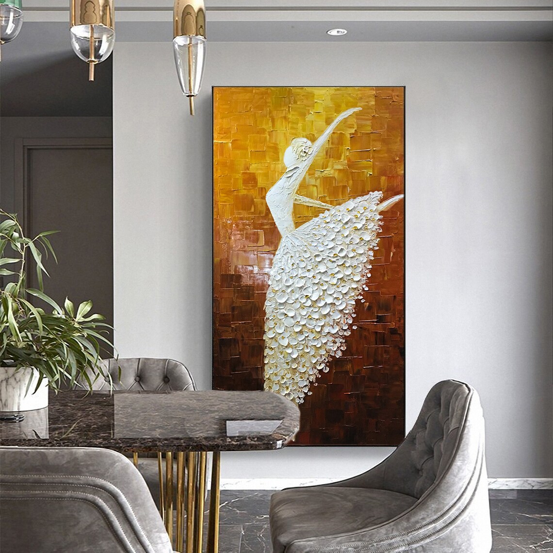 White Ballerina Dancer Petal Tutu Golden Bronze Oil Painting Poster - Image 2