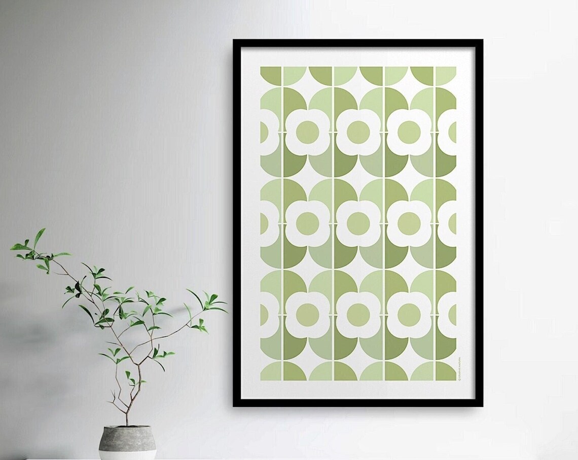 Green Scallop Geometric Flower Poster Mid Century Botanical Art