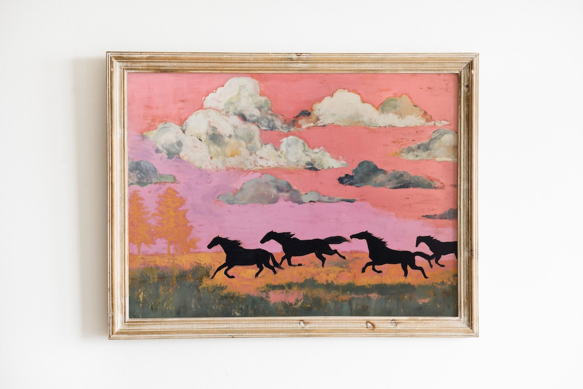 Wild Horses Pink Sunset Vintage Western Art Print