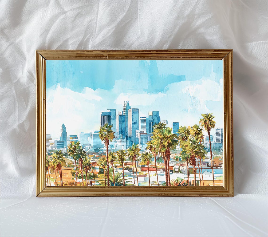 Los Angeles Skyline Palm Trees Watercolor Cityscape Wall Art