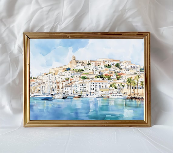 Ibiza Spain Dalt Vila Old Town Marina Boats Watercolor Seaside Poster