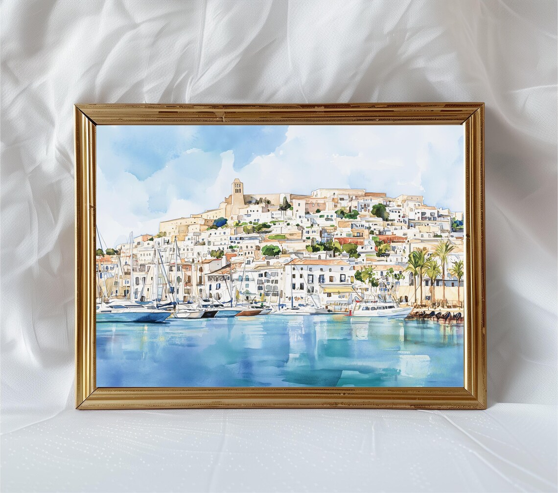 Ibiza Spain Dalt Vila Old Town Marina Boats Watercolor Seaside Poster