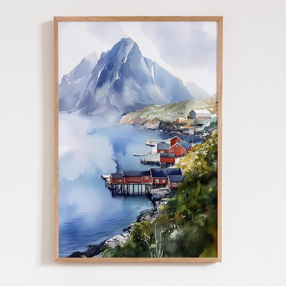 Lofoten Norway Coastal Town Art Print Watercolor Fishing Village Wall Red Houses Seaside Landscape Scandinavian Travel Gift