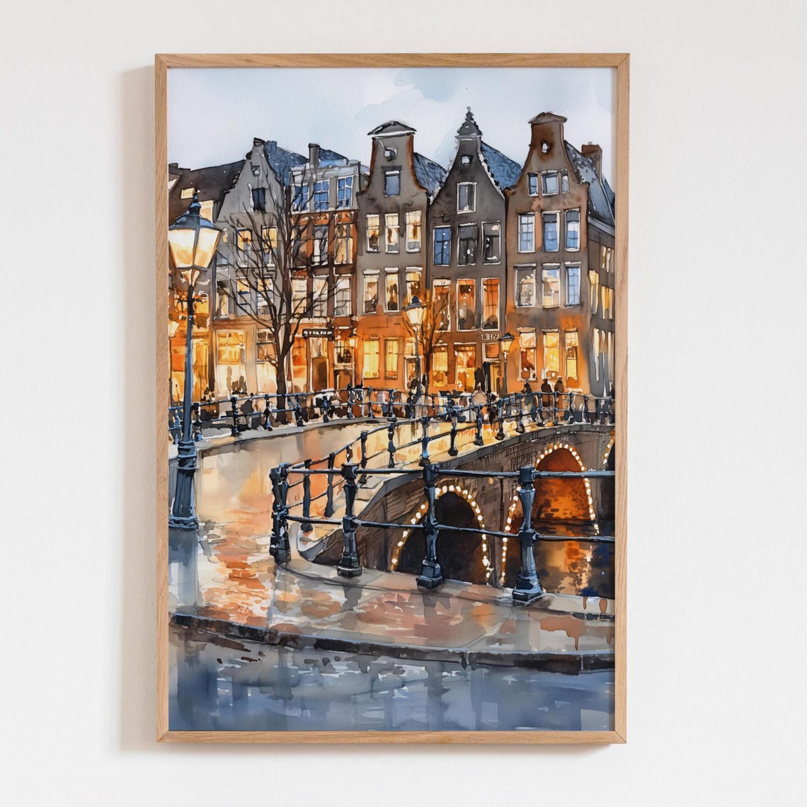 Amsterdam Canal Watercolor Print Evening Bridge Cityscape Art Decor