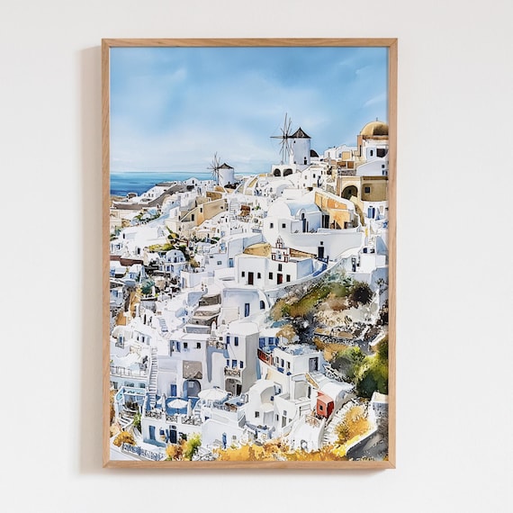 Santorini Greece Oia Windmills Aegean Watercolor Island Wall Art