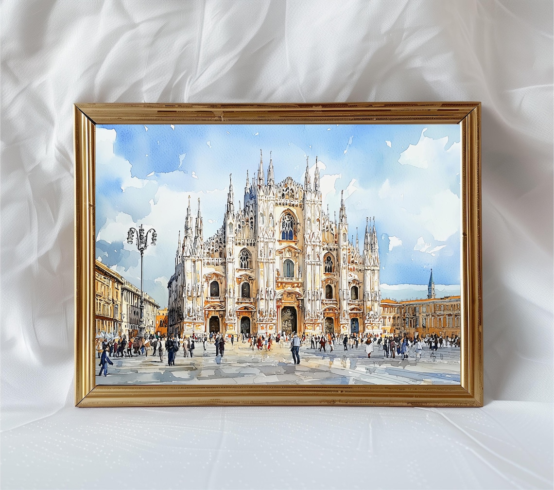 Milan Cathedral Watercolor Travel Poster, Italy Cityscape