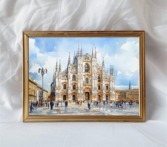 Milan Cathedral Watercolor Travel Poster, Italy Cityscape