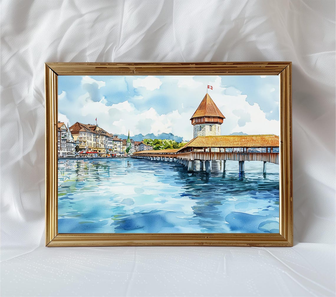 Watercolor Painting Of Lucerne Switzerland Cityscape With Chapel Bridge And Tower Swiss Travel Wall Art Print Europe Landscape Gift