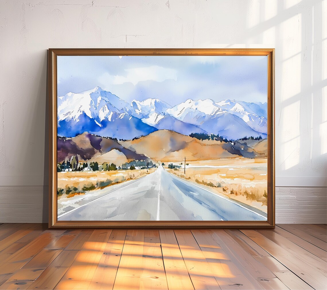 Sierra Nevada Snowy Mountain Road Watercolor Travel Landscape Wall Art