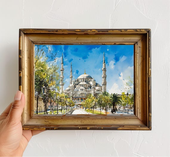 Blue Mosque Watercolor Art Print Istanbul Cityscape Wall Decor Bold Ink Wash Painting Turkish Travel Gift Islamic Architecture Poster