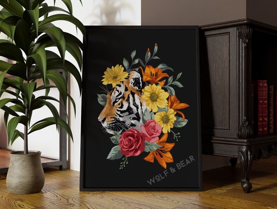 Floral Tiger Illustration Print Black Wild Wall Art Quirky Decor