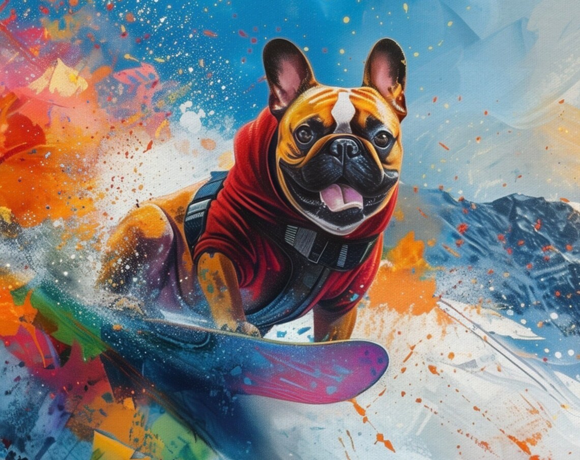 French Bulldog Snowboarding Red Hoodie Winter Sports Puppy Poster