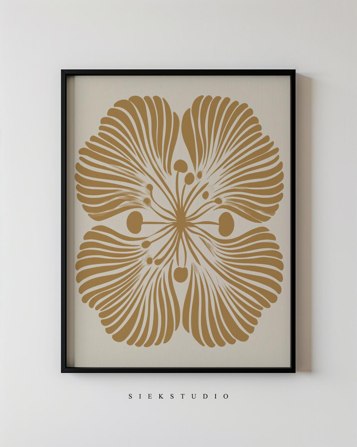 Gold Symmetrical Floral Fan Motif Modern Minimalist Art Poster