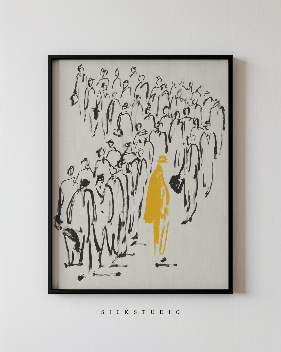 Minimalist People Crowd Figurative Sketch Drawing Modern Black And Yellow Wall Art Contemporary Home Expressionist Artwork Decor 175