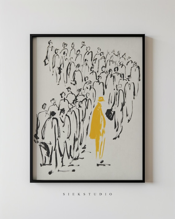 Minimalist People Crowd Figurative Sketch Drawing Modern Black And Yellow Wall Art Contemporary Home Expressionist Artwork Decor 175
