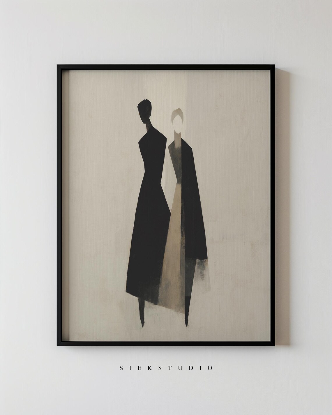 Two Silhouette Figures Black Beige Japandi Minimalist Abstract Wall Art