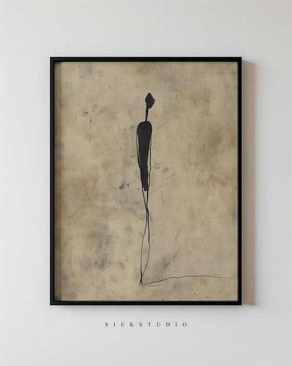 Minimalist Figurative Art Abstract Figure Black Line Drawing Textured Beige Neutral Wall Moody Modern Wabi Sabi Decor