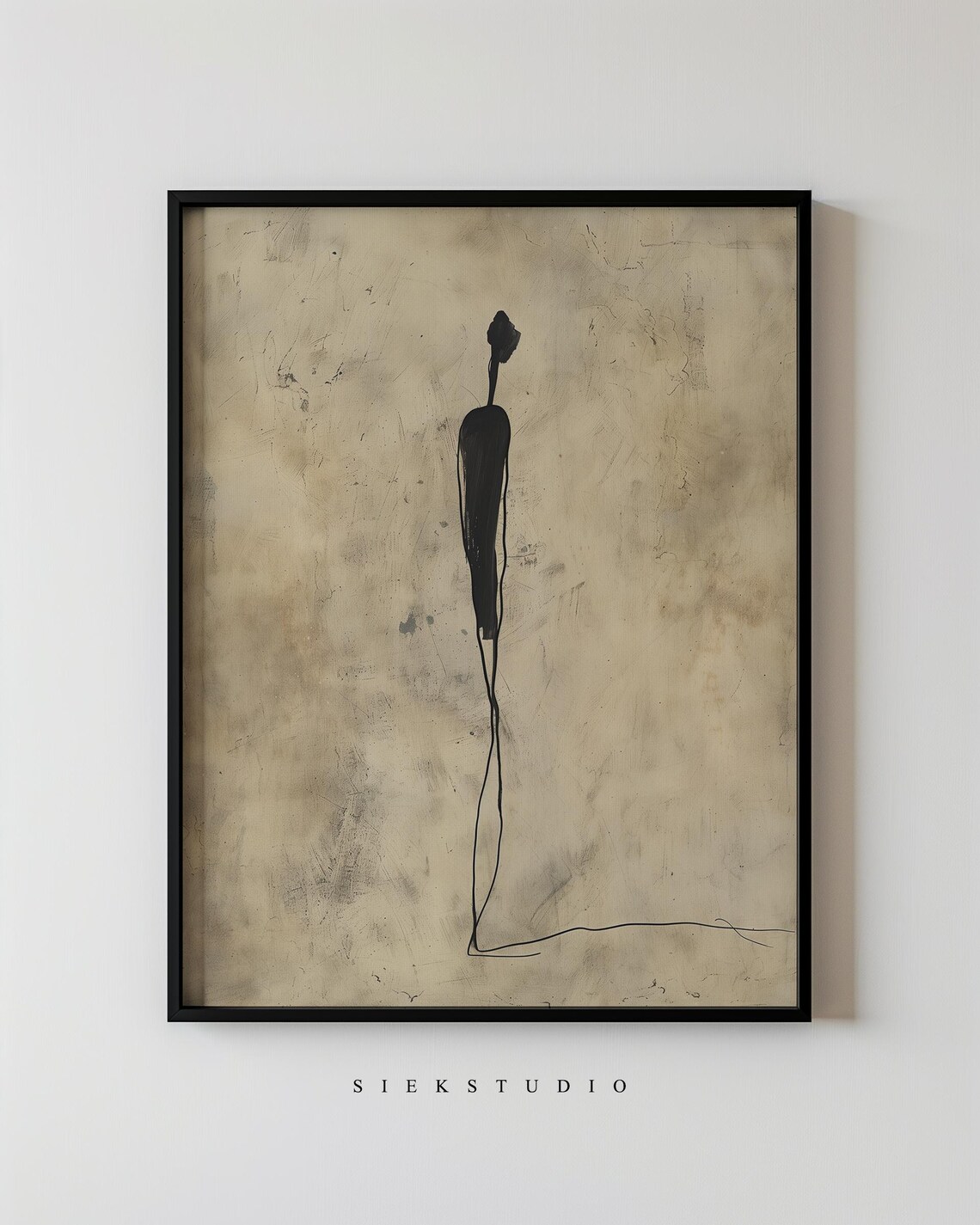 Minimalist Figurative Art Abstract Figure Black Line Drawing Textured Beige Neutral Wall Moody Modern Wabi Sabi Decor
