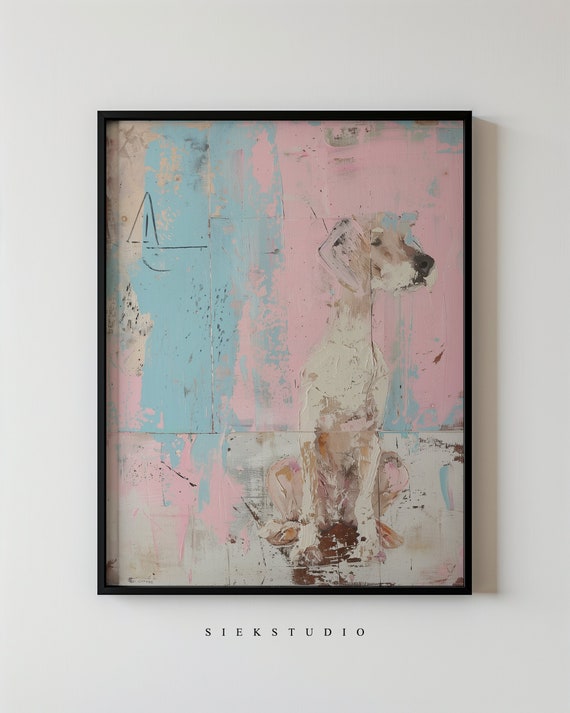 Abstract Dog Painting Puppy Art In Pastel Pink And Blue Modern Animal Wall Textured Contemporary